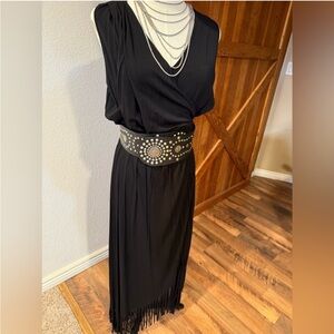 Boston Proper Faux Wrap Dress, black, fringe hem. Size Large